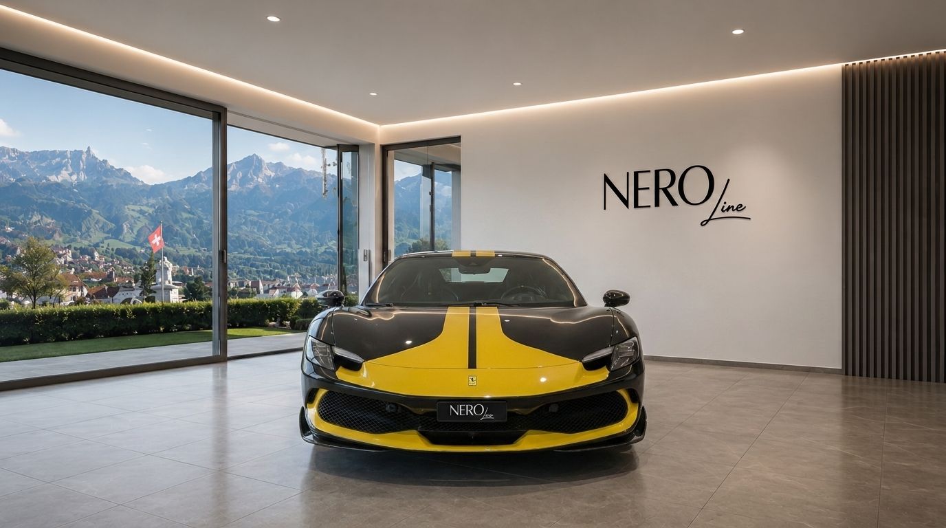 The striking black and yellow Ferrari 296 GTB is showcased from the front in a luxury showroom overlooking the mountains of Zurich.