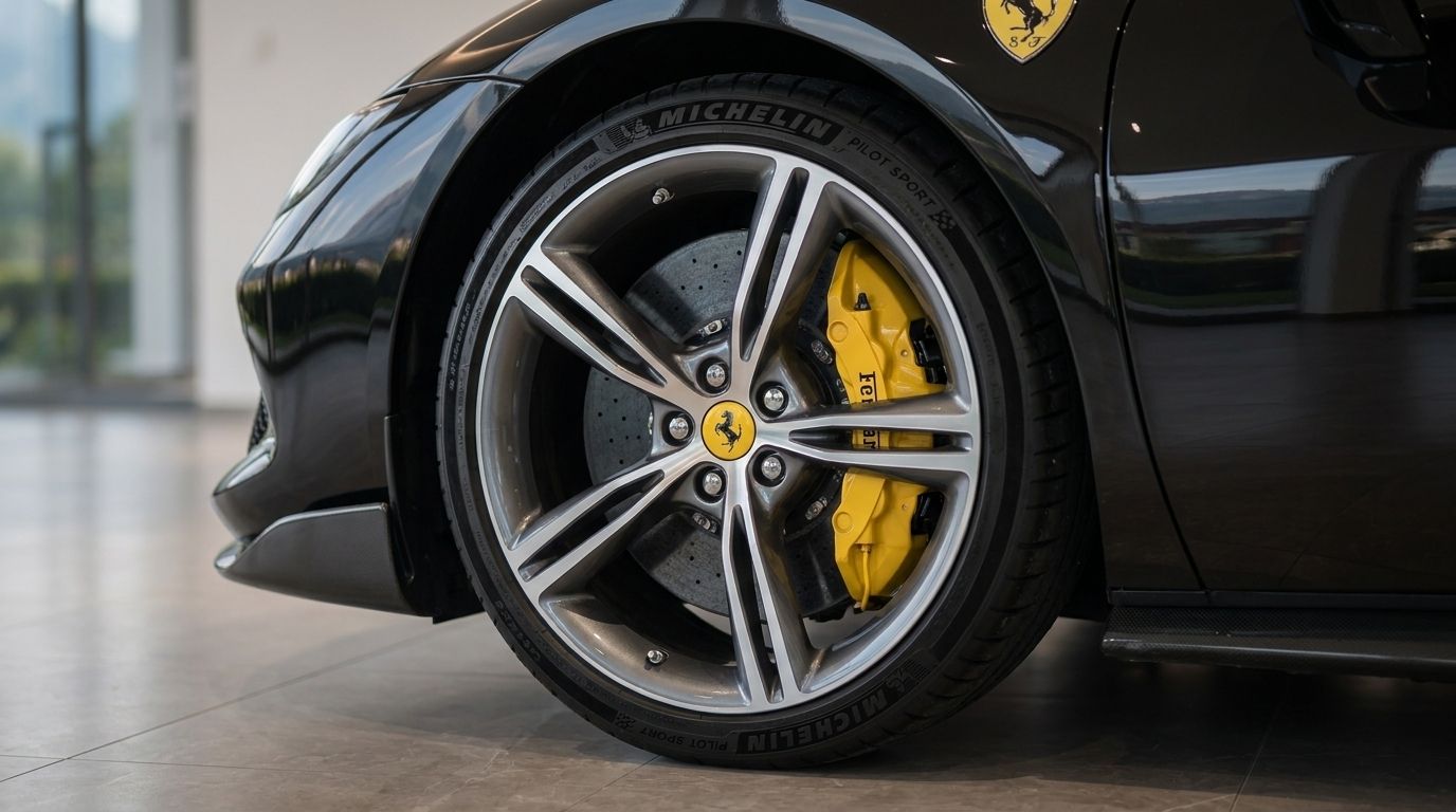 The black Ferrari 296 GTB's front wheel with striking yellow brake calipers and Michelin tire, available in Zurich.
