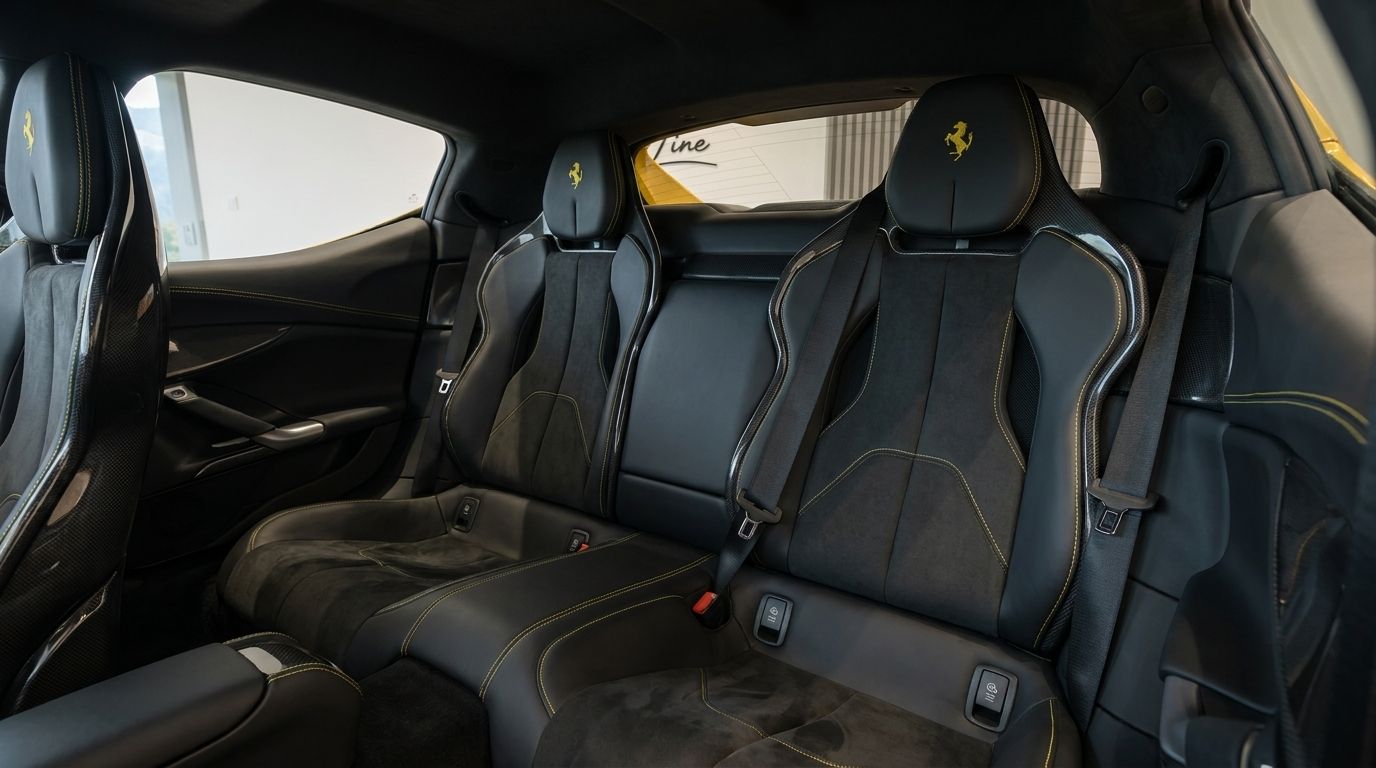 The luxurious black leather and Alcantara rear seats with yellow stitching and Ferrari logos in the 2026 Ferrari 296 GTB in Zurich.