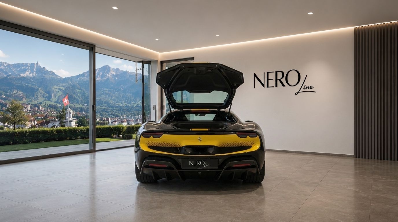 The black and yellow Ferrari 296 GTB is parked indoors with its engine bay open, overlooking the mountains of Zurich.