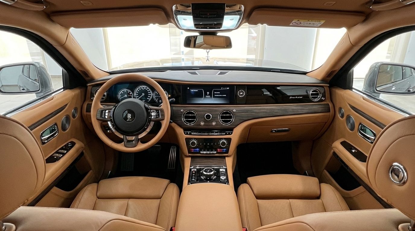 L'intérieur luxueux en cuir fauve et le tableau de bord détaillé de la Rolls-Royce Ghost à Madrid.
