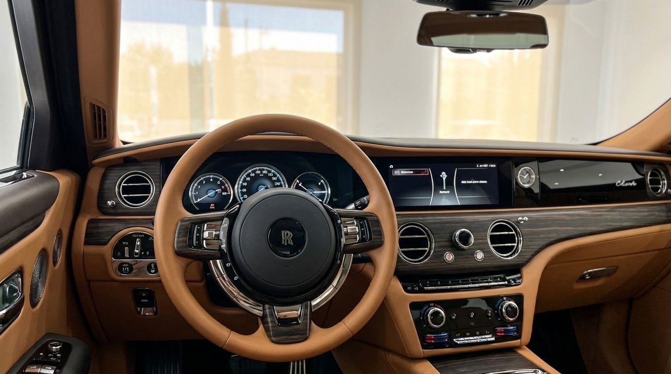 L'intérieur luxueux de la Rolls-Royce Ghost à Madrid, avec son élégant volant en cuir marron et son tableau de bord boisé.