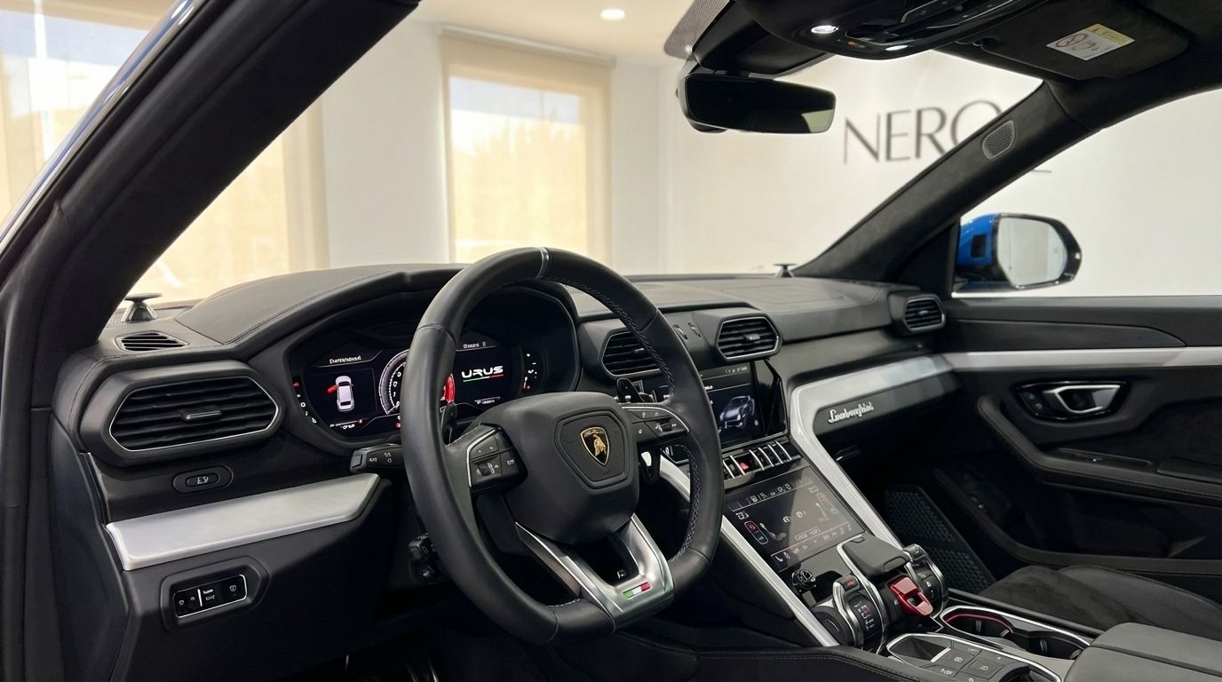 The luxurious cockpit and dashboard of the 2022 Lamborghini Urus in metallic blue, available in Mallorca.