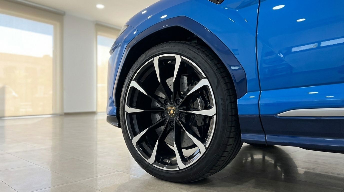 The metallic blue Lamborghini Urus's front wheel with black and silver rims and brake caliper, parked in a showroom in Mallorca.