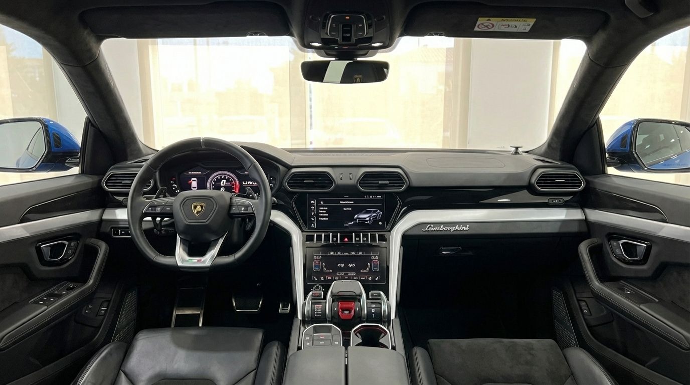 The luxurious interior cockpit of the 2022 Lamborghini Urus in metallic blue, featuring the steering wheel, dashboard, and central console, available in Mallorca.