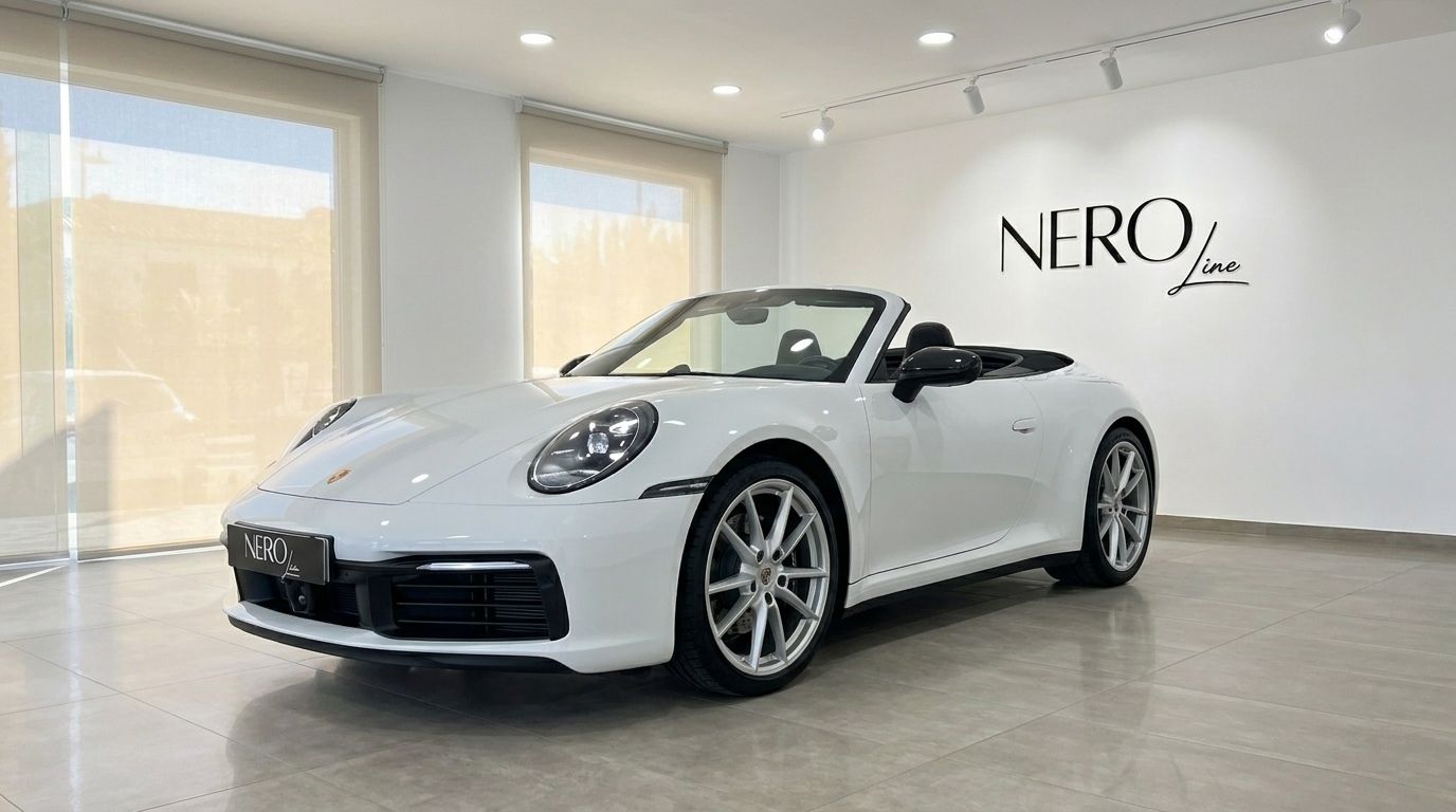 The white Porsche 992 Carrera Cabrio is showcased with its top down, captured from a front three-quarter angle in a bright showroom in Mallorca.