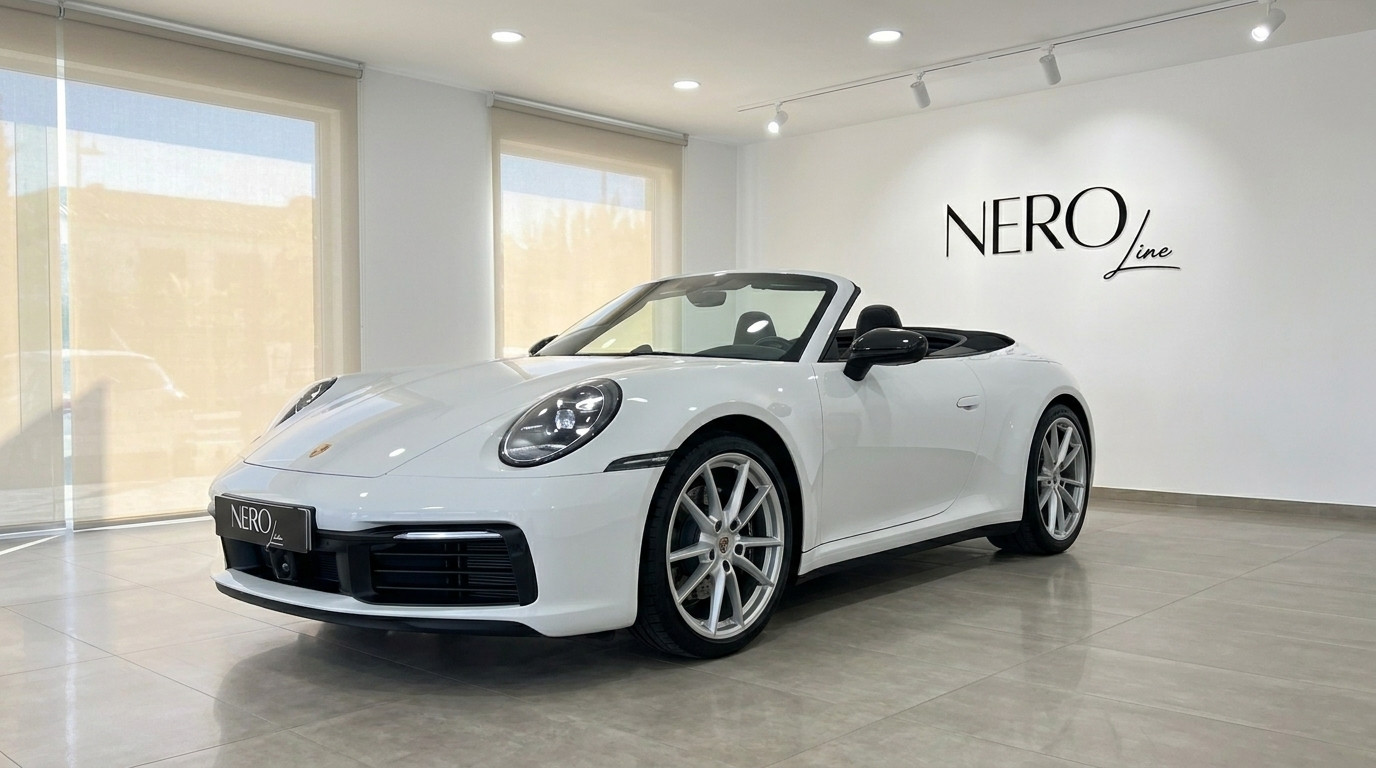 Porsche 992 Carrera Cabrio — Showroom view Mallorca The white Porsche 992 Carrera Cabrio is showcased with its top down, captured from a front three-quarter angle in a bright showroom in Mallorca.