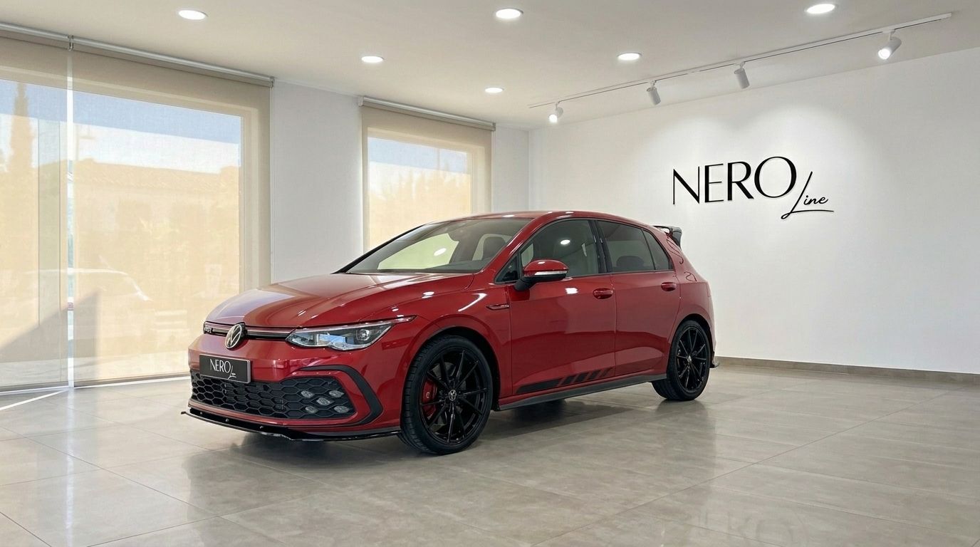 The gloss Kings Red Metallic 2024 Volkswagen Golf GTI Clubsport is displayed from a front three-quarter view in a showroom in Alicante.