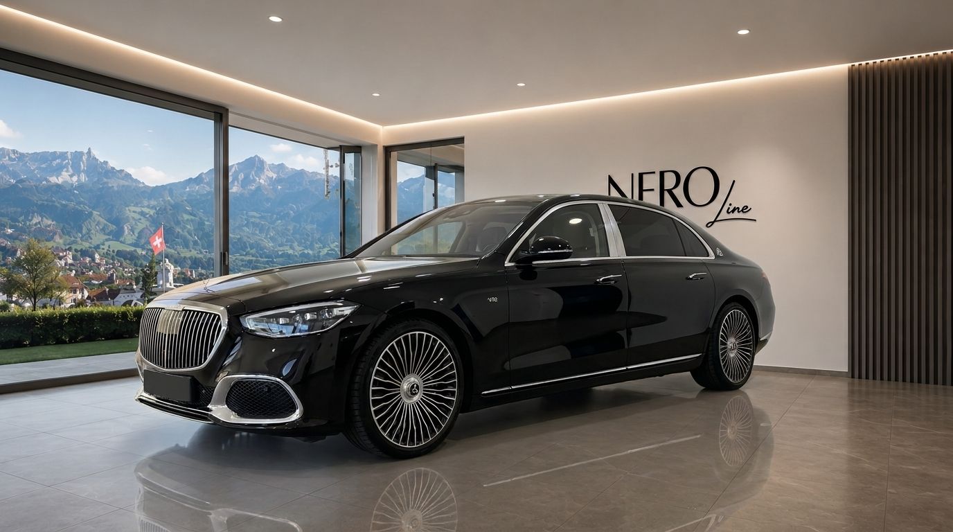 The black Mercedes S680 Maybach is showcased in a modern showroom with a panoramic view of the Swiss mountains in Zurich.