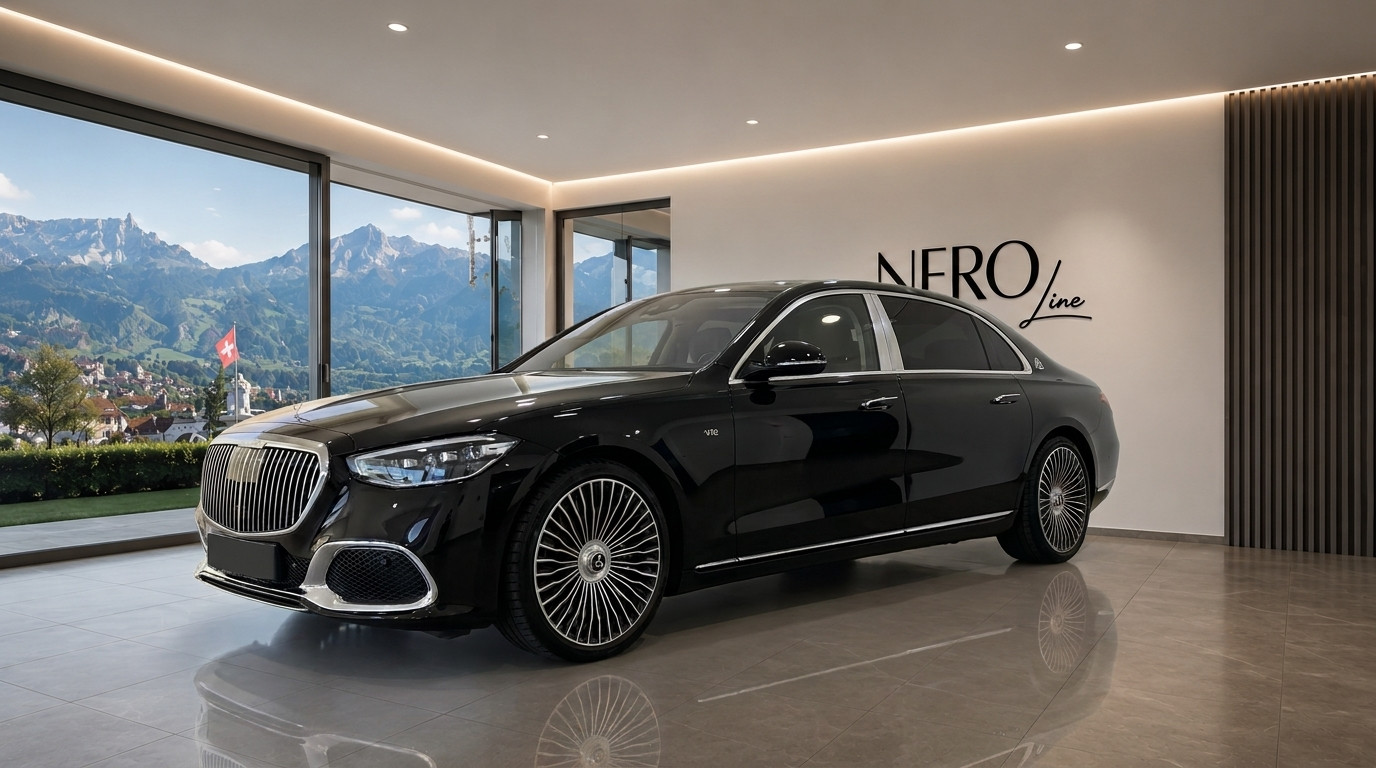 Mercedes S680 Maybach — Luxury Showroom Zurich The black Mercedes S680 Maybach is showcased in a modern showroom with a panoramic view of the Swiss mountains in Zurich.