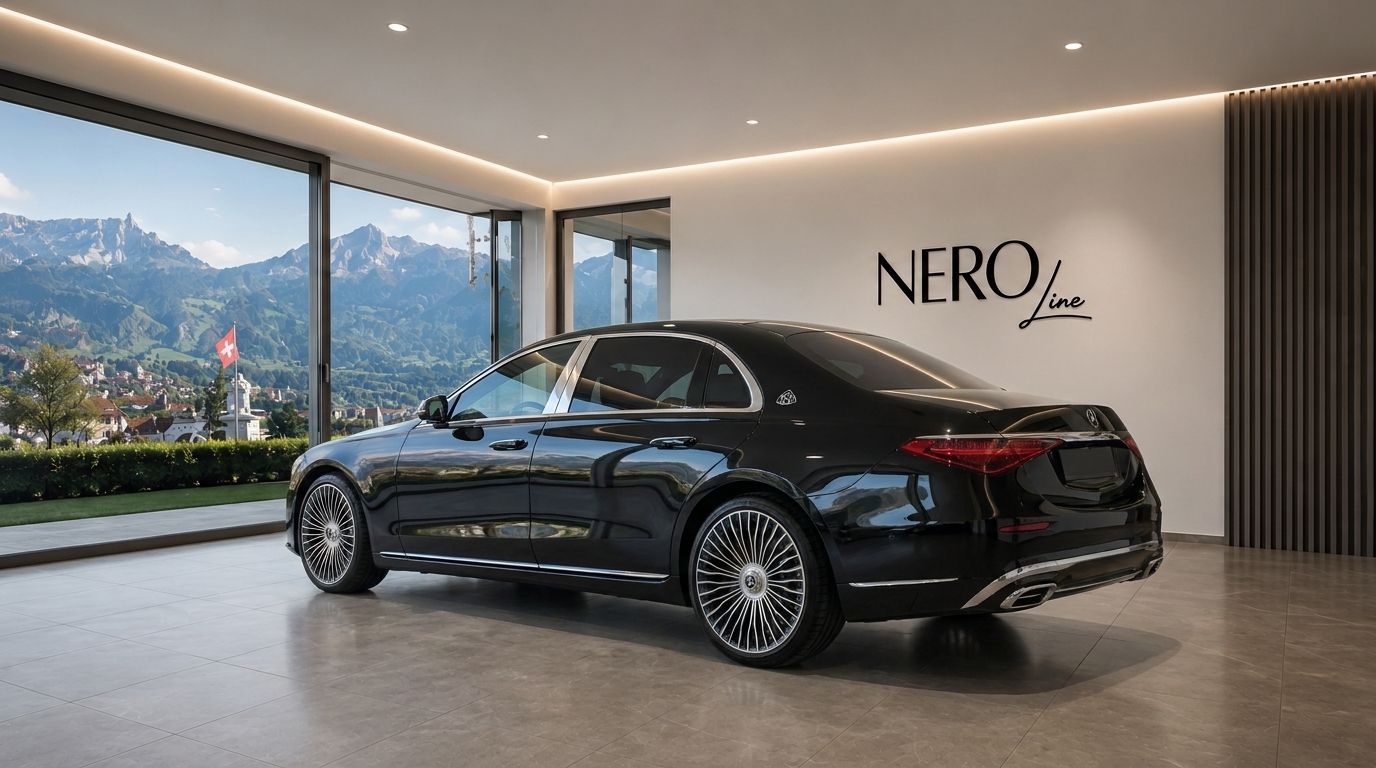 The black Mercedes S680 Maybach is showcased from a rear three-quarter view inside a luxurious showroom in Zurich, with stunning Swiss mountains in the background.