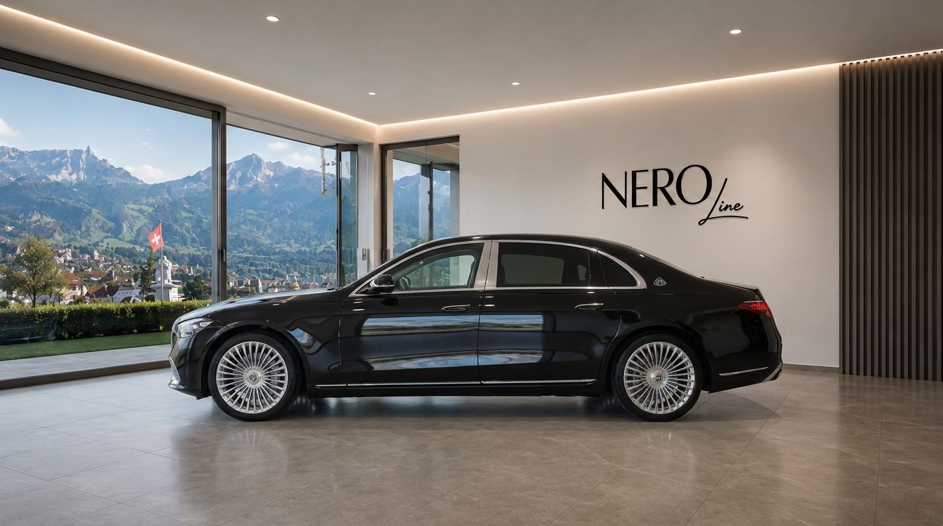 The black Mercedes S680 Maybach is parked in a modern showroom, with a stunning view of the mountains and Zurich, Switzerland.