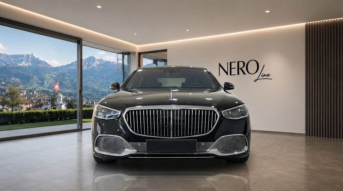 Front view of the black Mercedes S680 Maybach in a Zurich showroom, featuring a panoramic window overlooking Swiss mountains.