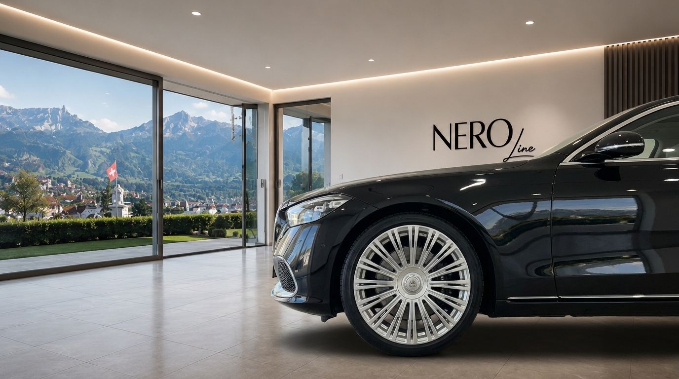 The black Mercedes S680 Maybach luxury sedan is elegantly displayed indoors, with a stunning view of Zurich's mountains.