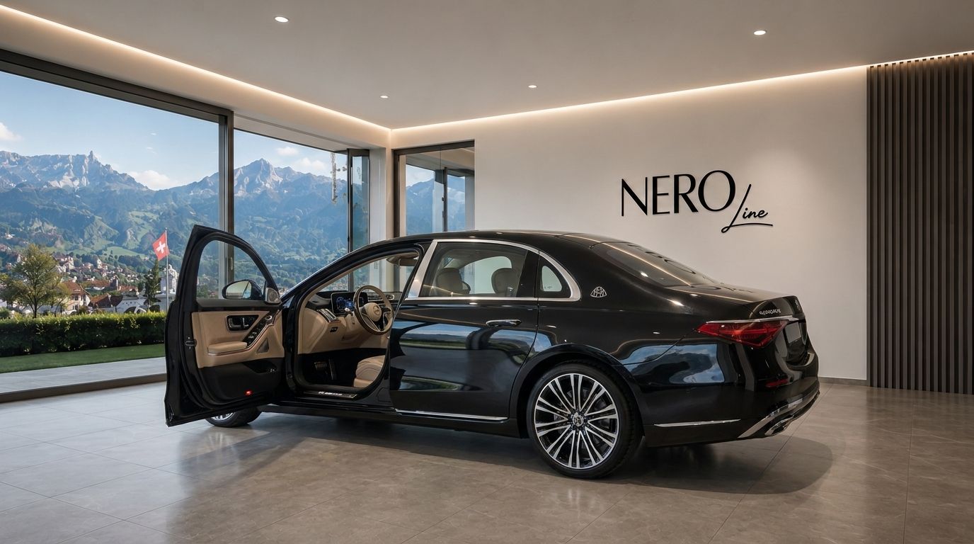 The black Mercedes S680 Maybach is showcased from the rear three-quarter angle with an open door, revealing its luxurious interior against a mountainous Zurich backdrop.