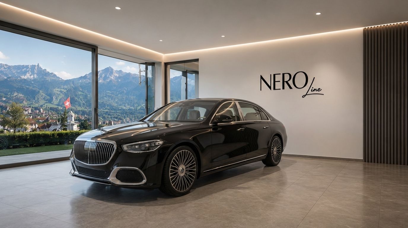 The black Mercedes S680 Maybach is showcased in a modern showroom with a panoramic view of the Zurich mountains.