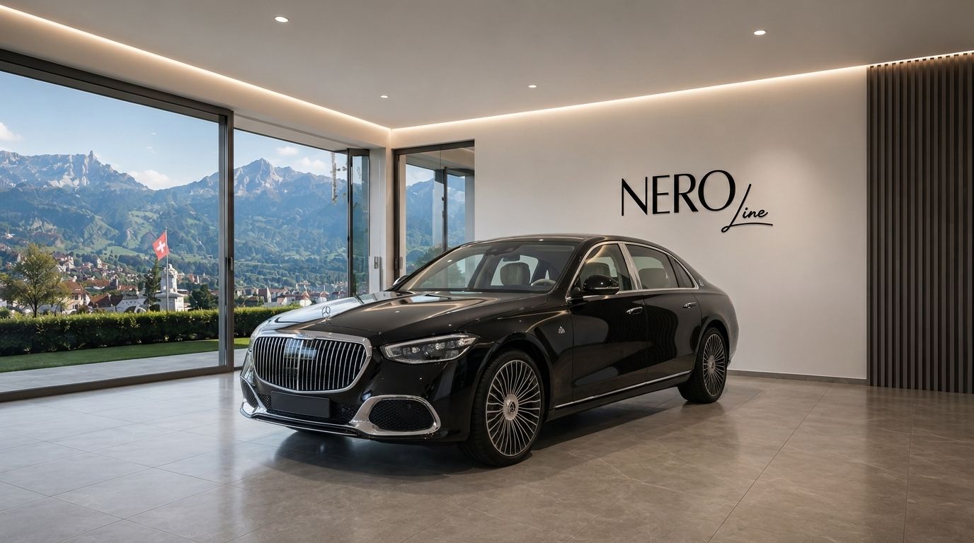 The black Mercedes S680 Maybach is showcased from a front three-quarter view in a luxury showroom with a panoramic Zurich mountain vista.