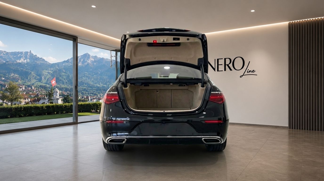 Black Mercedes S680 Maybach rear view with open trunk, showcasing cargo space, against a scenic mountain view in Zurich.