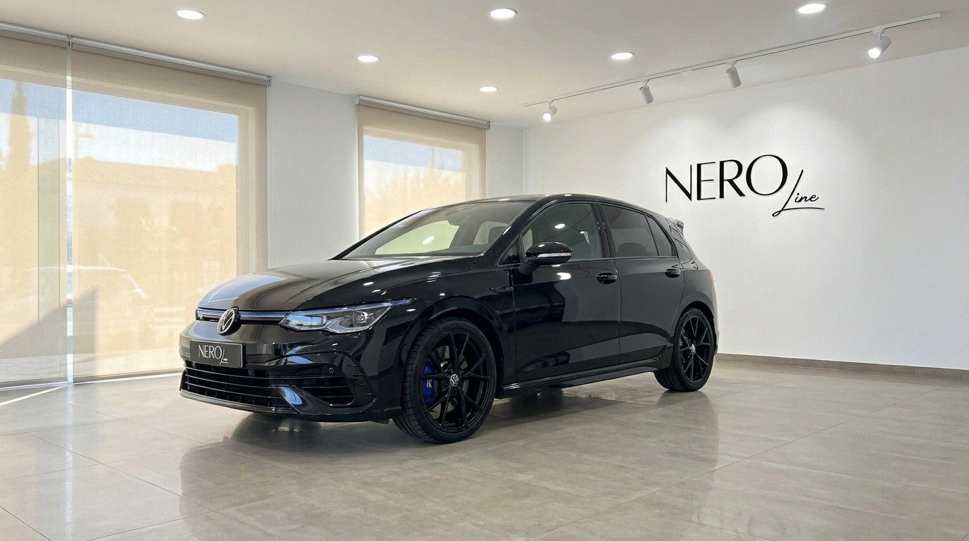 Volkswagen Golf R — Showroom display in Alicante The black 2023 Volkswagen Golf R 2.0 TSI 4Motion DSG is showcased in a modern showroom in Alicante, Spain.