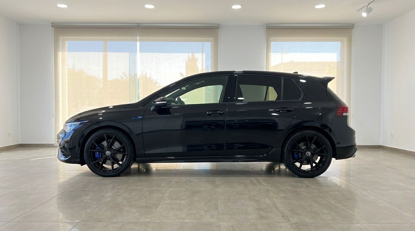 The black 2023 Volkswagen Golf R 2.0 TSI 4Motion DSG is showcased in a side profile view inside a showroom in Alicante.