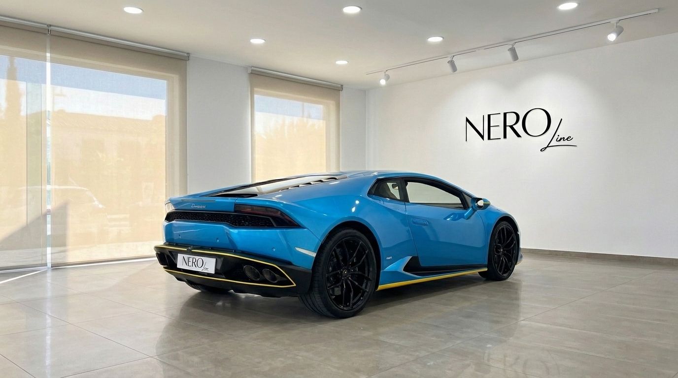 Un llamativo Lamborghini Huracan LP610-4 azul se muestra desde un ángulo trasero tres cuartos en un moderno showroom de Madrid.