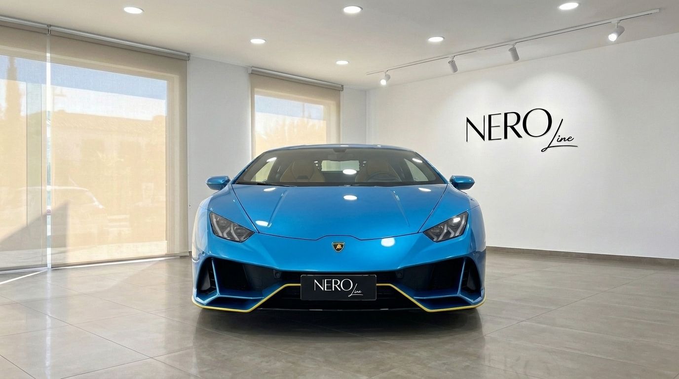 La vista frontal de un vibrante Lamborghini Huracán LP610-4 azul aparcado en un concesionario en Madrid.