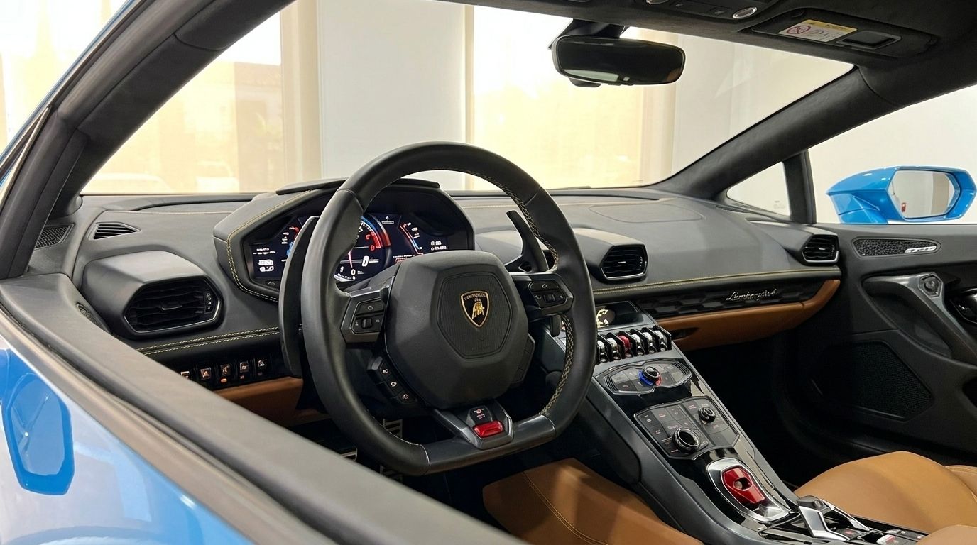 El lujoso interior del Lamborghini Huracan LP610-4 en Madrid, mostrando su volante, salpicadero digital y detalles de cuero marrón.