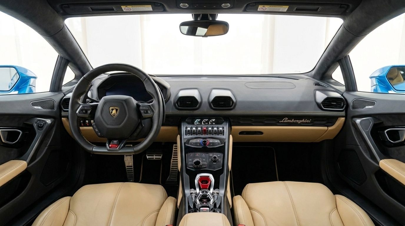 El lujoso interior del Lamborghini Huracan LP610-4 en Madrid, con un salpicadero detallado, volante y asientos de cuero color tan.