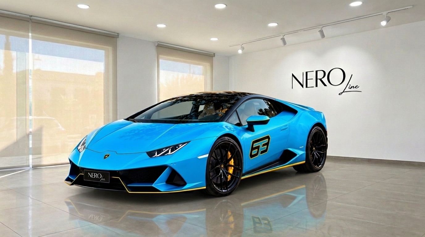 A vibrant blue Lamborghini Huracan LP610-4, featuring yellow accents and a "63" decal, is parked in a Madrid showroom.