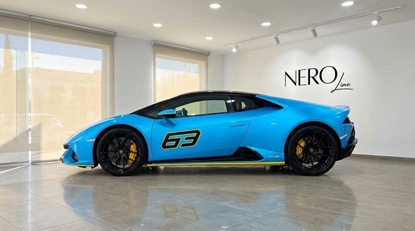 Un Lamborghini Huracan LP610-4 azul con el número '63' y detalles amarillos se exhibe de perfil en un concesionario de Madrid.