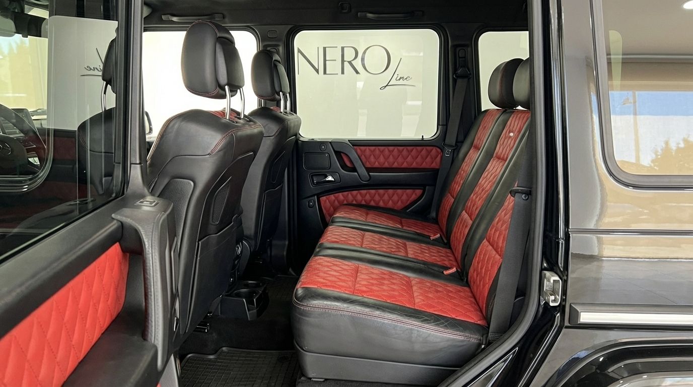 Mercedes-Benz Brabus G800 Rocket rear interior with black and red diamond-quilted leather seats and door panels in Alicante.