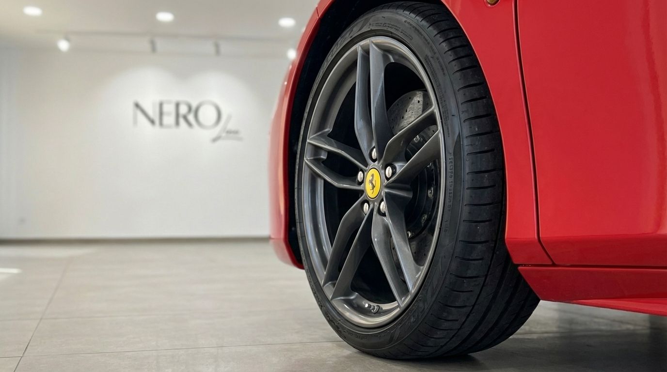 A close-up view of the racing red Ferrari 488 Spider's front wheel and tire, showcasing the grey alloy rim with the iconic Ferrari emblem, set in a showroom in Mallorca.