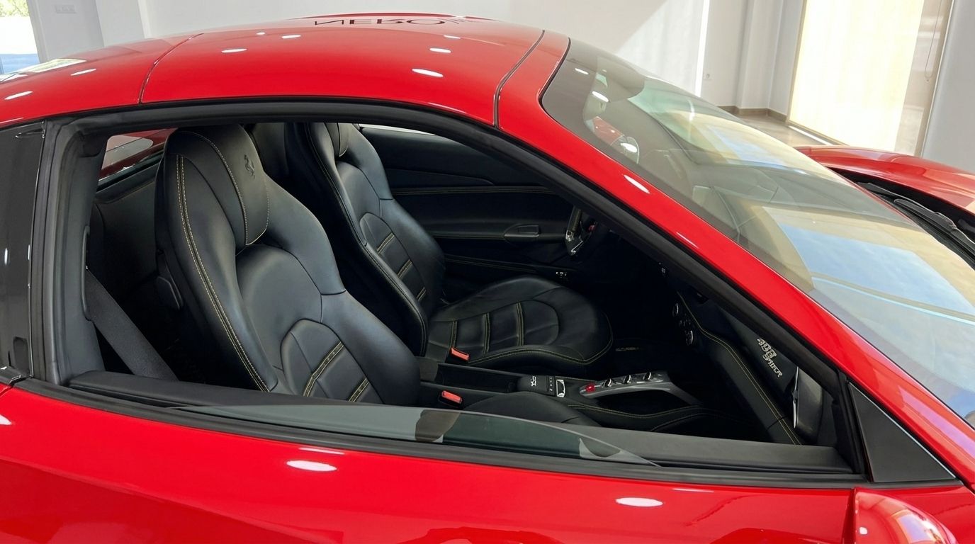 The luxurious black leather interior with yellow stitching of the Ferrari 488 Spider, visible from the side in Mallorca.