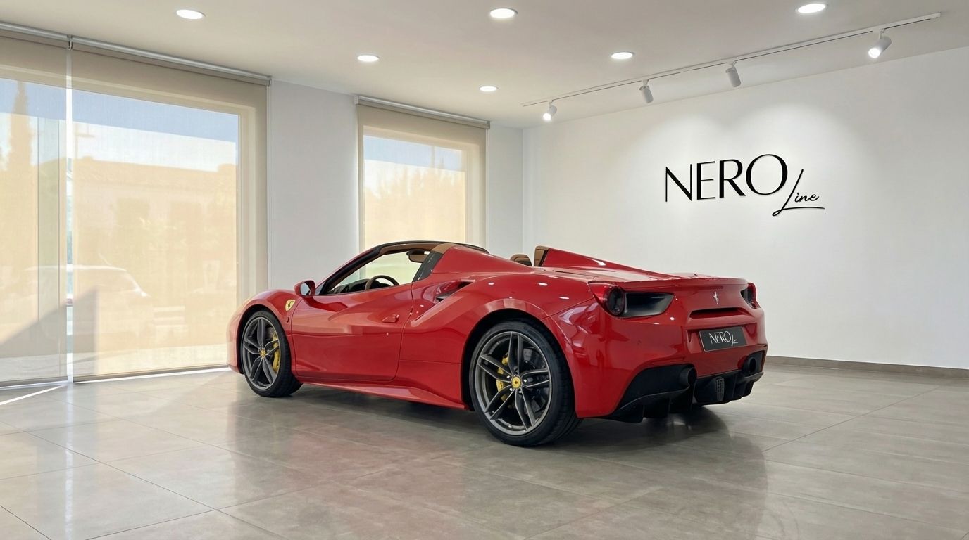 Red Ferrari 488 Spider convertible, seen from the rear three-quarter angle, parked in a showroom in Mallorca.