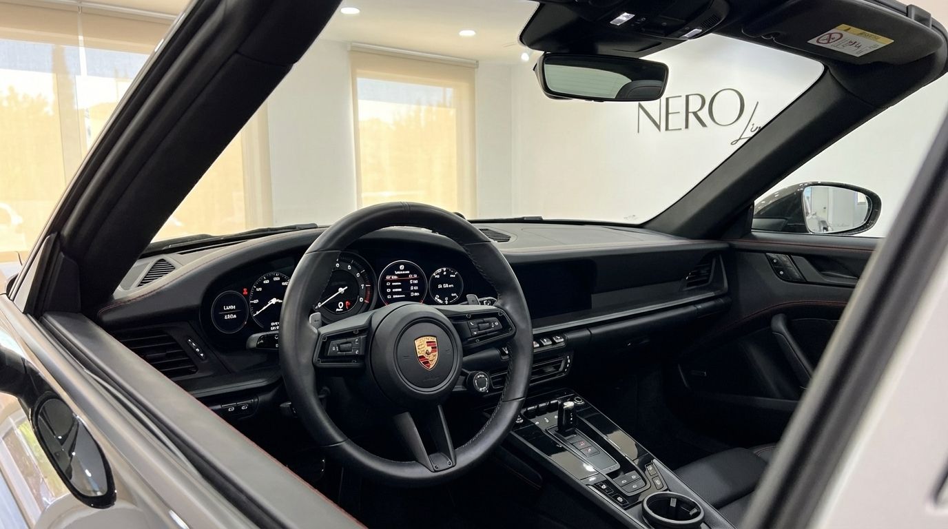 View of the luxurious black leather cockpit and dashboard of the Porsche 911 Carrera 4S Targa 992 in Marbella.
