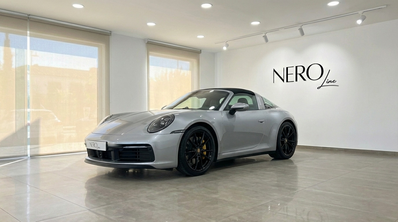 Porsche 911 Carrera 4S Targa 992 — Showroom view A metallic silver Porsche 911 Carrera 4S Targa 992 is parked at a front three-quarter angle in a showroom in Marbella.