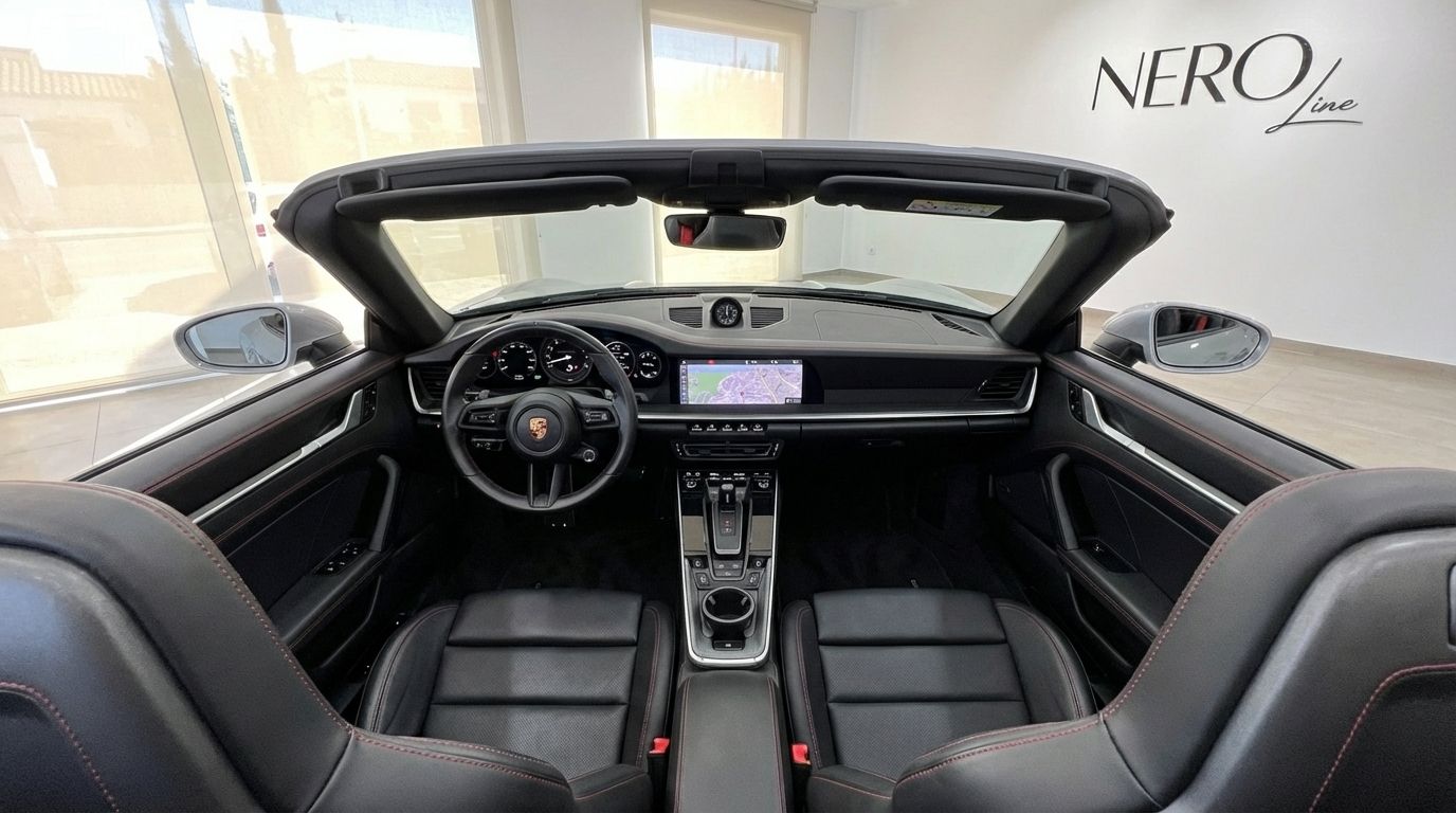 The luxurious black leather interior and advanced cockpit of the Porsche 911 Carrera 4S Targa 992 in Marbella.