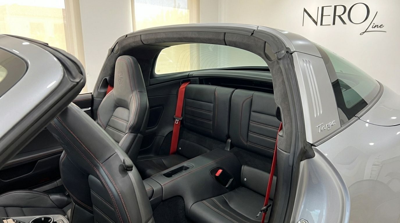 The Porsche 911 Carrera 4S Targa 992's black leather rear seats with red seatbelts and open roof mechanism are showcased in Marbella.