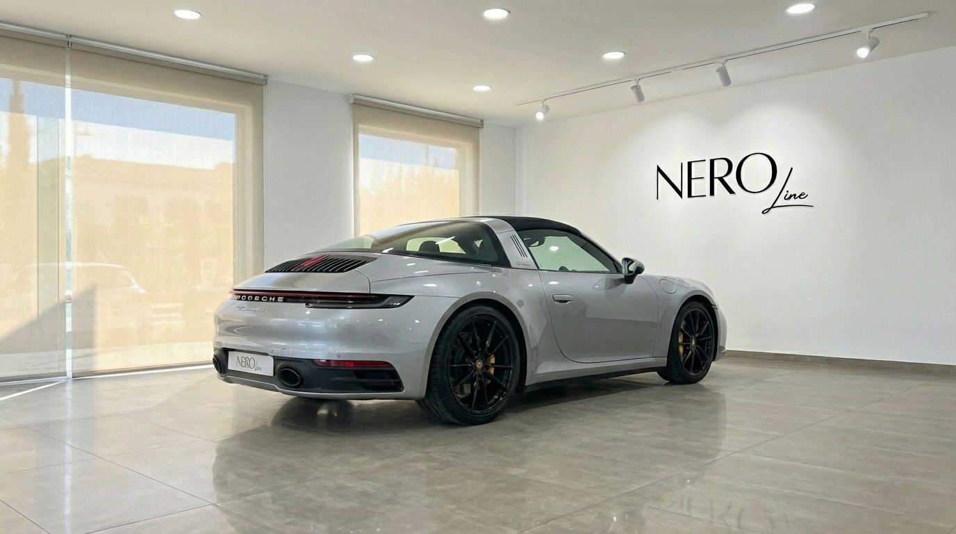 A metallic silver Porsche 911 Carrera 4S Targa 992 is parked in a showroom, seen from the rear three-quarter angle in Marbella.