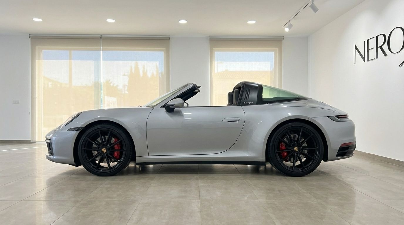 A metallic silver Porsche 911 Carrera 4S Targa 992 is parked in a showroom in Marbella, showcasing its sleek side profile with the roof open.