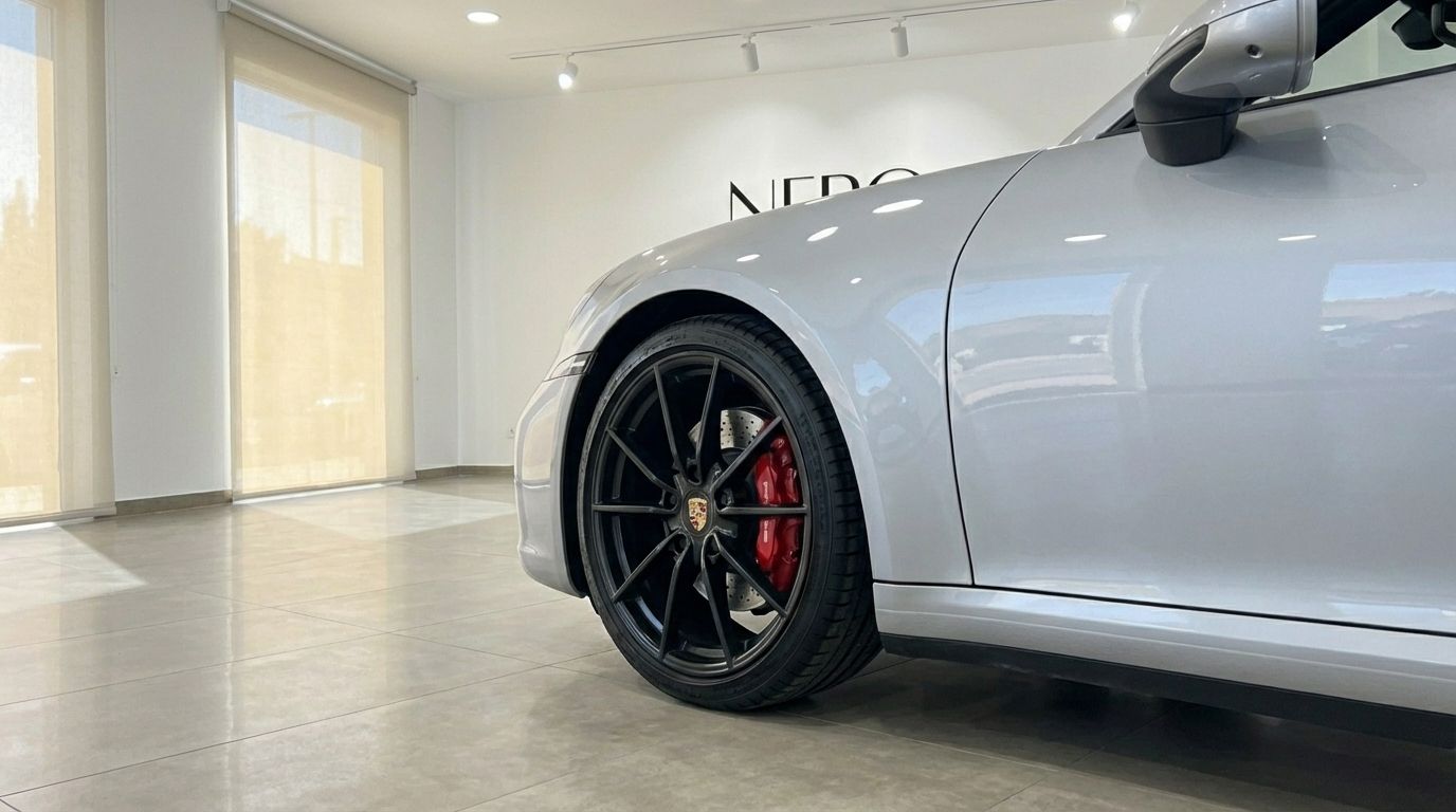 The metallic silver Porsche 911 Carrera 4S Targa 992's front wheel with red calipers is showcased in Marbella.
