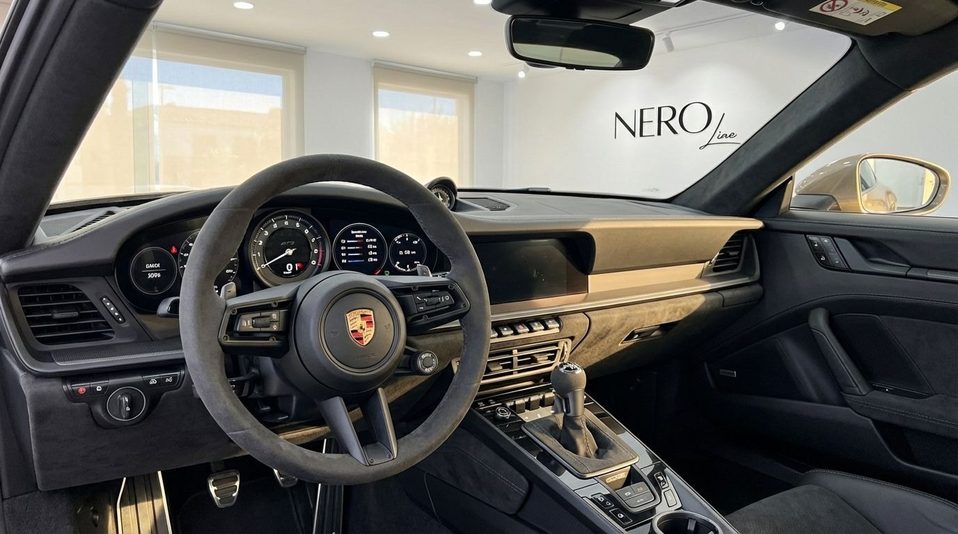Il lussuoso interno della Porsche 911 GT3 992 ad Alicante, che mostra il volante, il cruscotto e il cambio manuale.