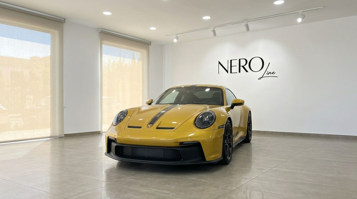 La Porsche 911 GT3 992 gialla è esposta da una vista tre quarti anteriore in uno showroom luminoso ad Alicante.