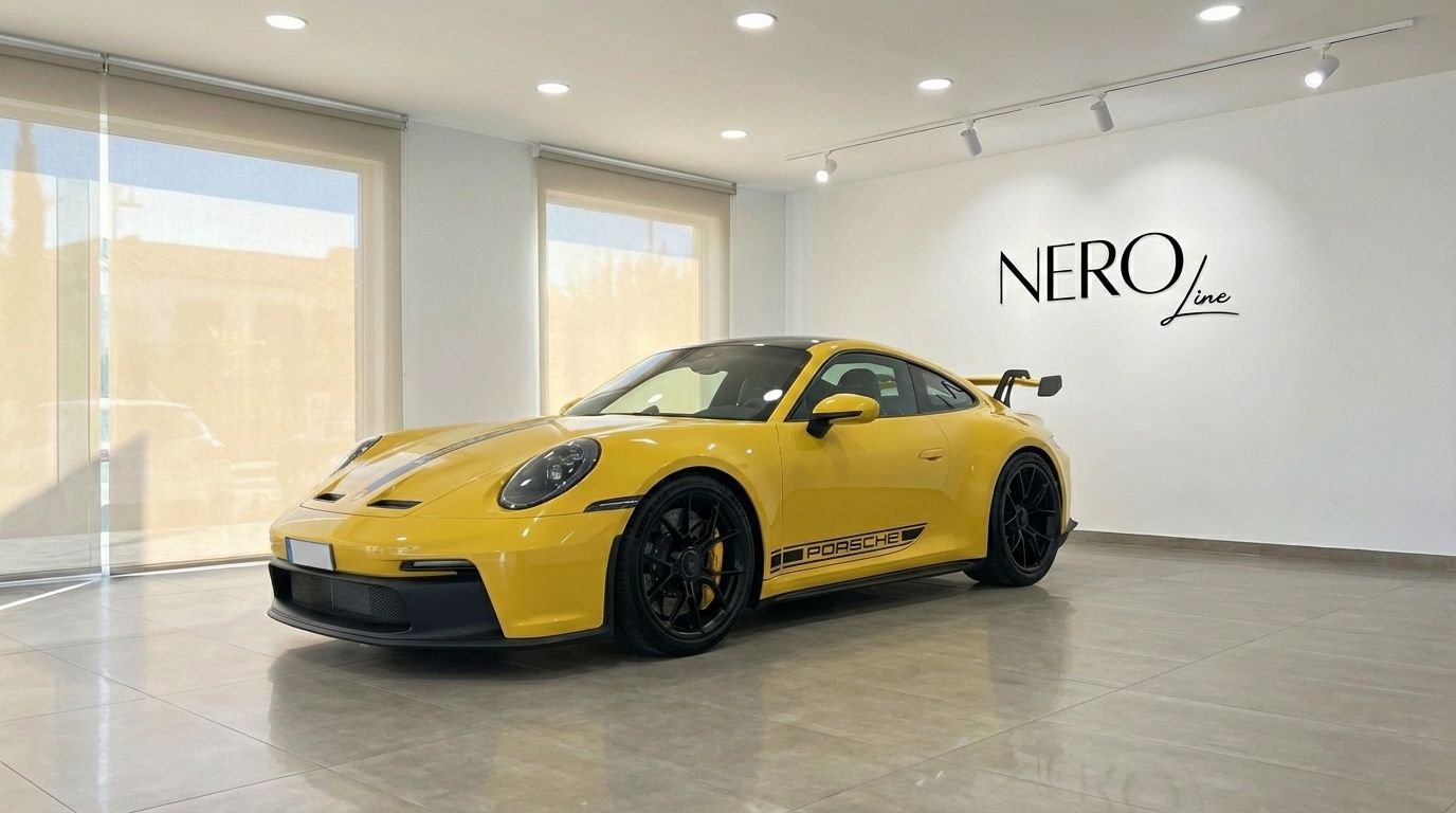 Una Porsche 911 GT3 992 gialla brillante è esposta da un'angolazione tre quarti anteriore in un moderno showroom di Alicante.