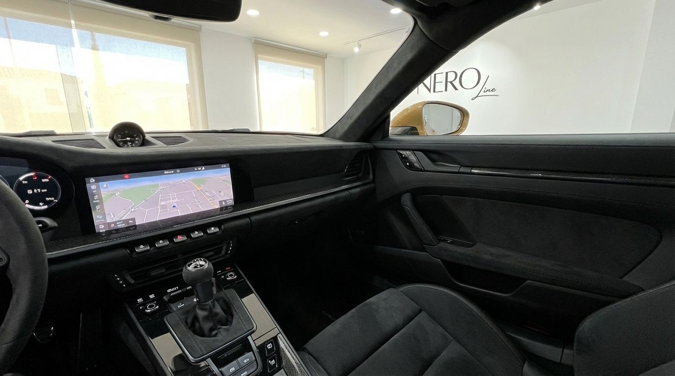 L'interno nero lussuoso e il cockpit della Porsche 911 GT3 992, con schermo infotainment, cambio manuale e sedili in alcantara ad Alicante.