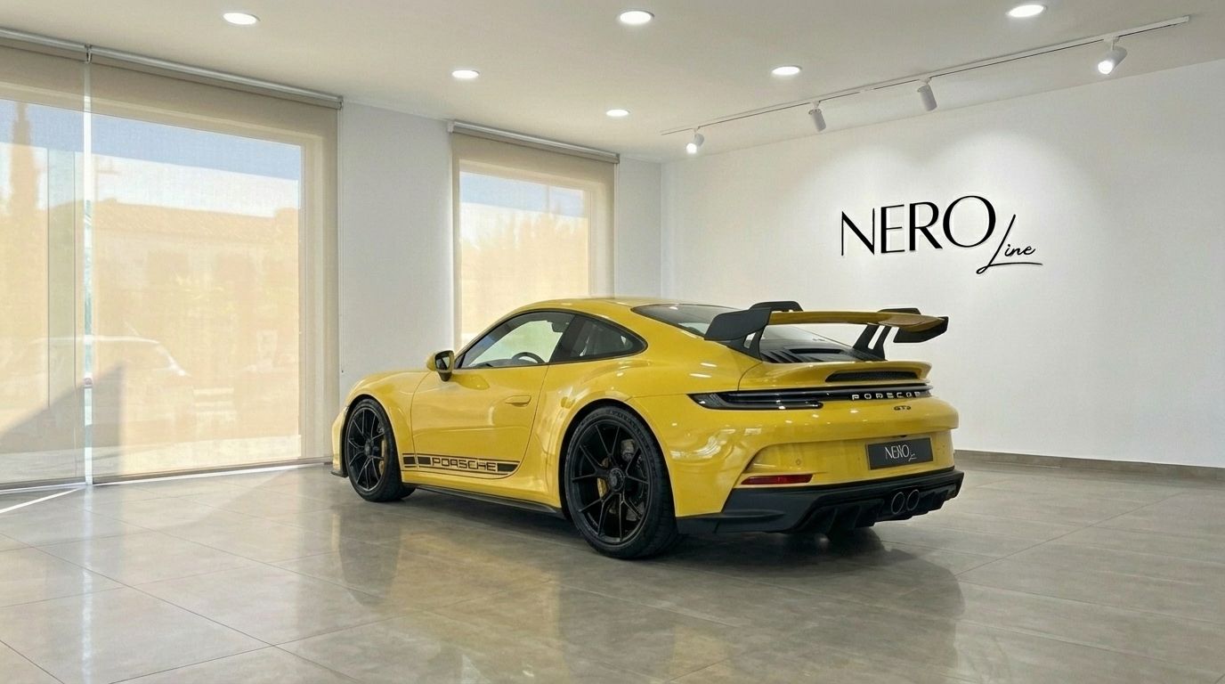 La Porsche 911 GT3 992 gialla è esposta da un'angolazione posteriore a tre quarti in un luminoso showroom ad Alicante.