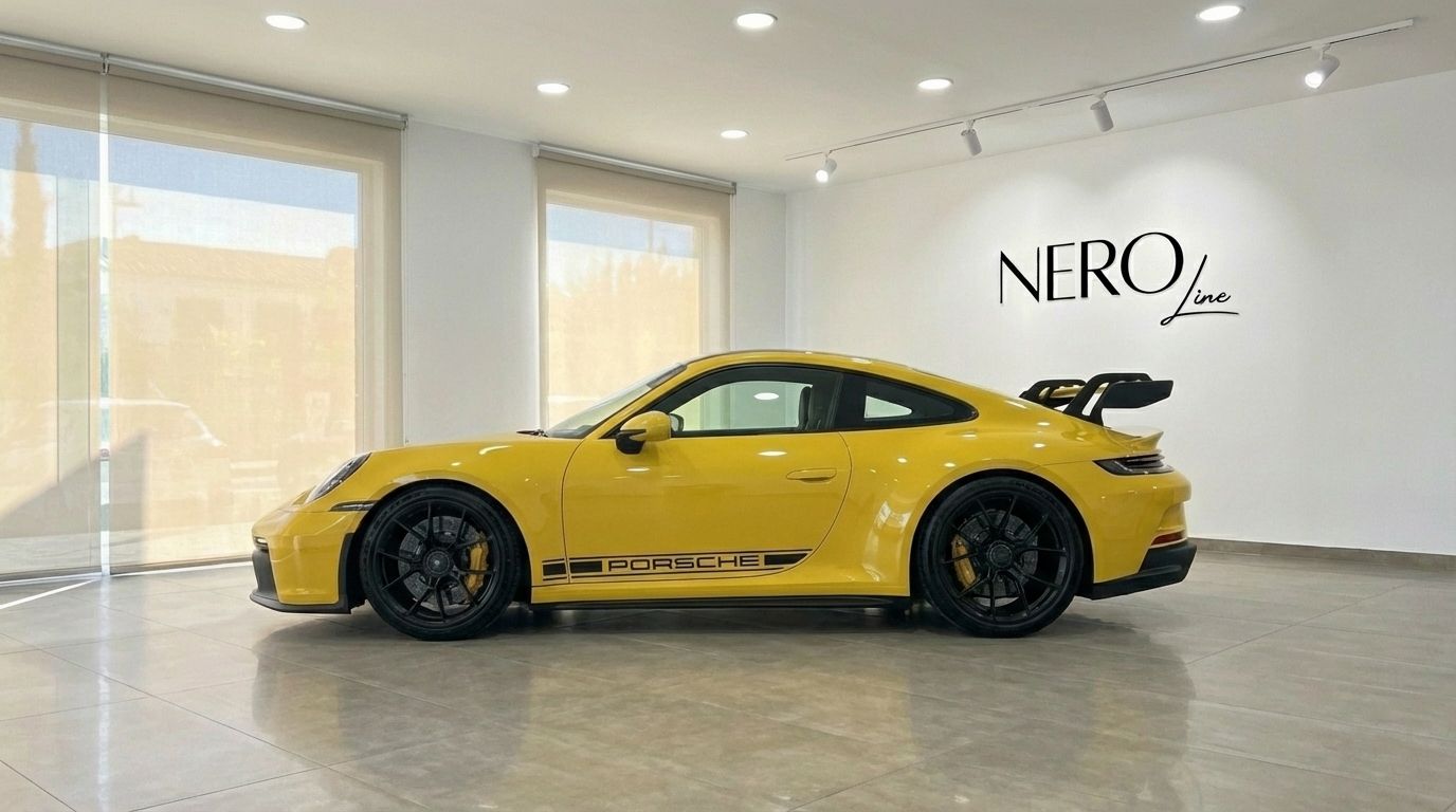 La sorprendente Porsche 911 GT3 992 gialla è esposta di profilo all'interno di uno showroom moderno ad Alicante.