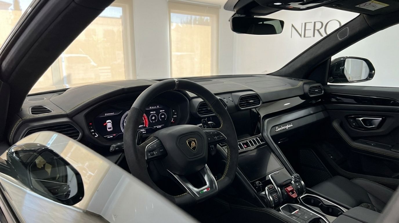 The luxurious interior of the Lamborghini Urus Full Black, showcasing the steering wheel and dashboard in Marbella.