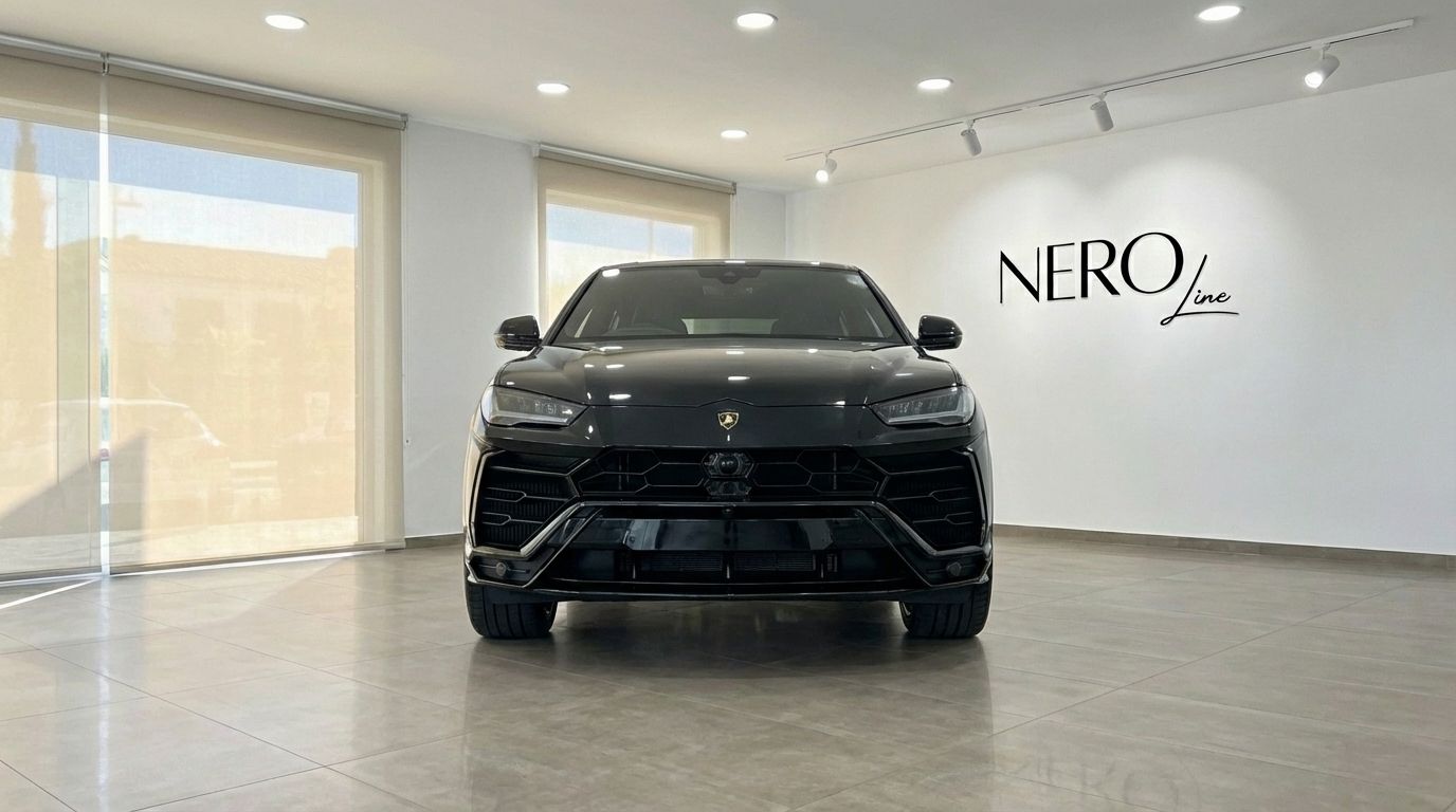 The jet black Lamborghini Urus Full Black is prominently displayed from the front in a showroom in Marbella.