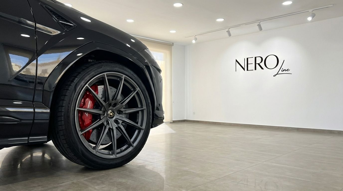 The front wheel and red brake caliper of a sleek black Lamborghini Urus Full Black in a Marbella showroom.